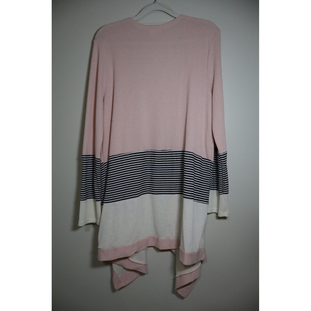 Coastal Preppy Lovely Melody Cardigan L Pink Striped Waffle Knit Waterfall Front - Picture 4 of 4